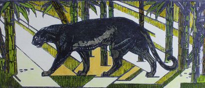 Gaston SUISSE (1896 - 1988) Panthère noire dans les bambous, 1927.
Gravure sur bois,...