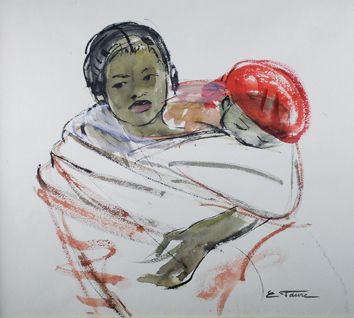 Elisabeth FAURE (1906 - 1964) Maternité malgache.
Gouache et aquarelle sur papier...