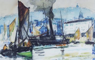 Bernard LACHÈVRE (1885 - 1950) Les voiliers au port.
Aquarelle signée en bas à droite...