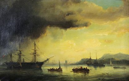 Barthélemy LAUVERGNE (1805 - 1871) Bateaux dans le port, 1861.
Huile sur toile signée...
