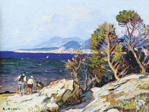Gustave VIDAL (1895 - 1966) Pêcheurs sur la côte d'azur.
Huile sur panneau signé...