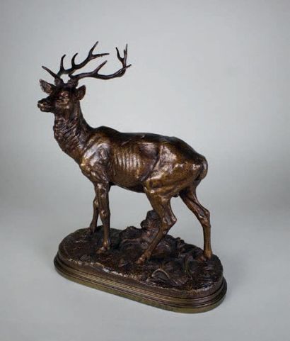 Alfred DUBUCAND (1828 - 1894) Cerf à l'écoute.
Epreuve en bronze à patine brun richement...