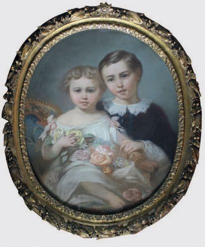 Hippolyte LAZERGES (1817 - 1887) Portrait de deux enfants, 1899.
Pastel à vue ovale...