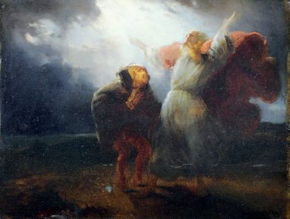 Paul DELAROCHE (1797 - 1856) Le roi Lear et le fou dans la tempête.
Huile sur papier...