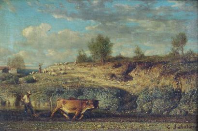 Étienne SABATIER (c.1810 - c.1870) Scène paysanne.
Huile sur panneau signé en bas...