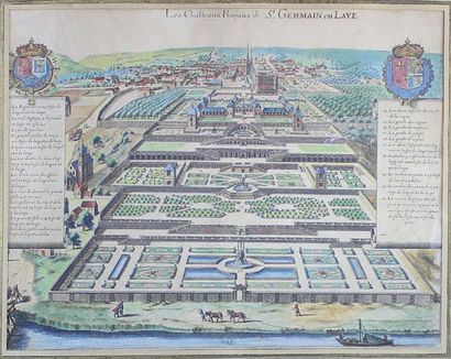 null Les châteaux royaux de St Germain en Laye.
Gravure avec rehauts colorés.
39,5...