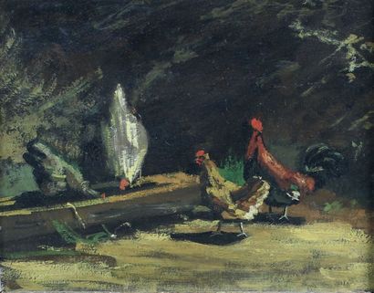 DUFAUX. XIX e Les poules.
Huile sur carton signé en haut à gauche.
25 x 32 cm