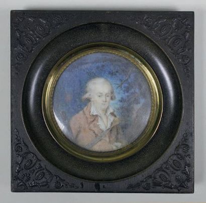 Ecole de la fin du XVIII e siècle Portrait d'homme au fusil dans un paysage.
Miniature...