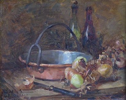 René Louis CHRETIEN (1867 - 1945) Nature morte aux oignons et à la bassine.
Huile...