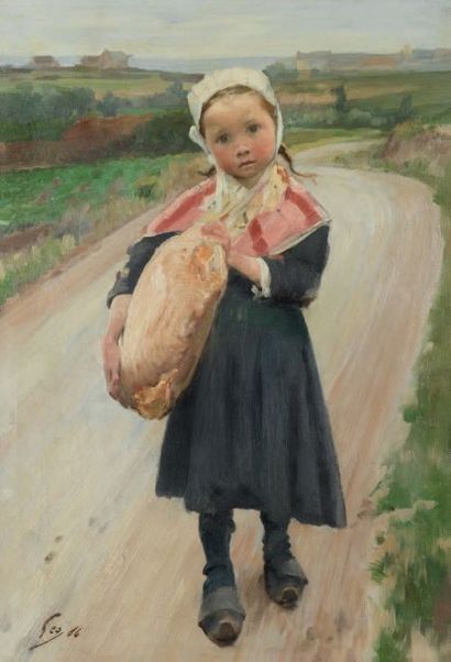 Jean Jules Henry GEOFFROY (1853 - 1924) Fillette de Concarneau à la miche de pain,...