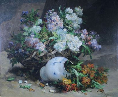Eugène Henri CAUCHOIS (1850 - 1911) Composition aux fleurs et au panier.
Huile sur...