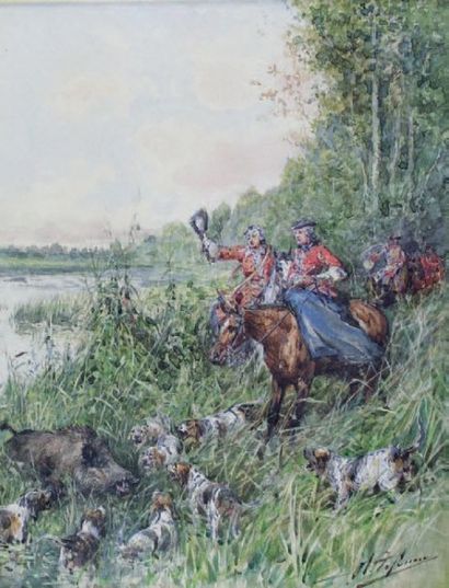 Charles Olivier de PENNE (1831 - 1897) Ferme de sanglier dans les marais.
Aquarelle...