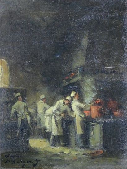 Denis Pierre BERGERET (1846 - 1910) Les marmitons en cuisine.
Huile sur panneau signé...