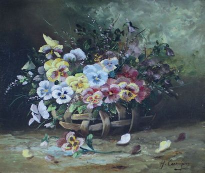 Eugène Henri CAUCHOIS (1850 - 1911) Bouquet de pensées.
Huile sur toile signée en...