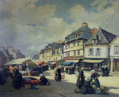 Henri BARNOIN (1882 - 1940) Marché de Dol en Bretagne.
Huile sur toile signée en...