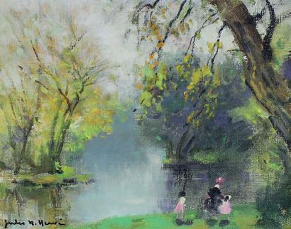 Jules René HERVE (1887 - 1981) Promenade au bord du lac.
Huile sur toile signée en...
