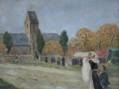 Pierre Léonce FURT (1870 -?) Les bretonnes près de l'église.
Huile sur panneau signé...