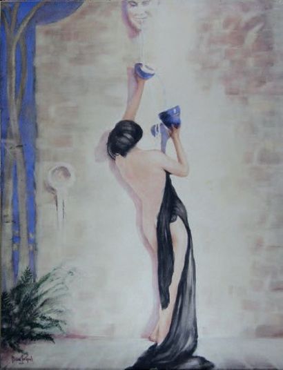 Gaston POOTMANS (?) Femme à la fontaine, 1926.
Aquarelle et gouache signée et datée...