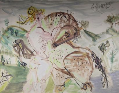 Emeric GOMERY (1902 - 1969) 
Femme au cheval et Homme aux chevaux.
Gouache sur papier...