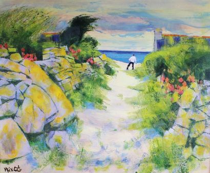 Michel KING (Né en 1930) 
Chemin de la plage à Lesconil.
Huile sur toile signée en...