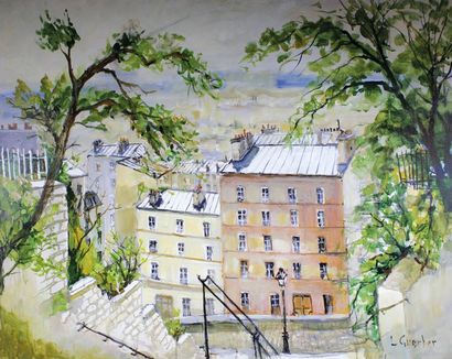 Lucien GUERBER (Né en 1920) 
Montmartre, l'escalier du Calvaire.
Huile sur toile...