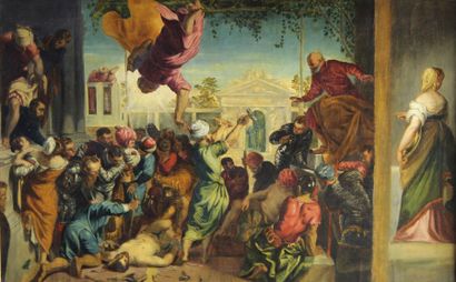 Domenico Robusti TINTORETTO (d'après) (1560 - 1635) 
Le miracle de Saint Marc.
Huile...