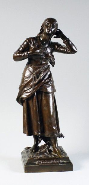 Henry Etienne DUMAIGE (1830 - 1888) 
Jeanne d'Arc.
Epreuve en bronze à patine brun...