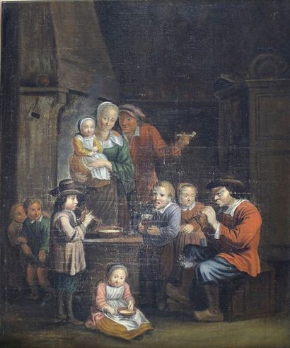 Jan Jozef I HOREMANS (D'après) (1682 - 1752) 
Scène d'auberge.
Huile sur toile. (Cartouche...