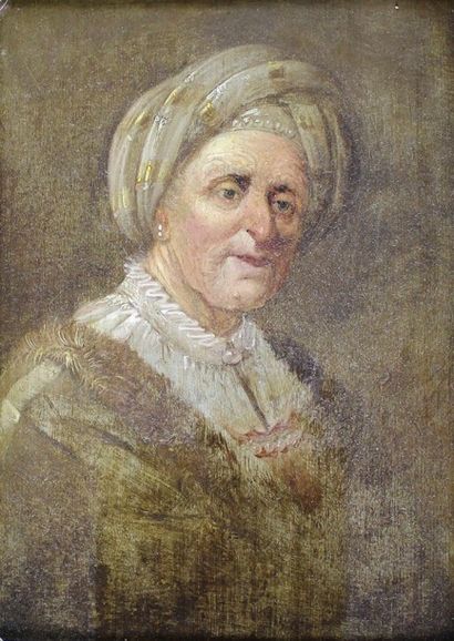 Ecole Hollandaise vers 1700 
Portrait de femme au turban.
Huile sur panneau de chêne,...