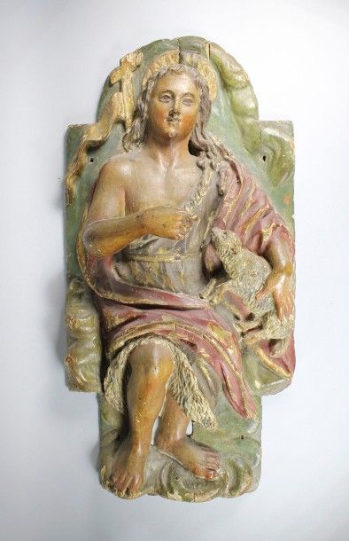 Saint Jean-Baptiste 
Haut-relief en bois polychromé et doré. Epoque xviiie siècle.
Haut.:...