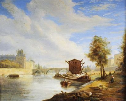 École Française du XIXe siècle 
Les bords de Seine autour du Louvre.
Huile sur toile.
33...