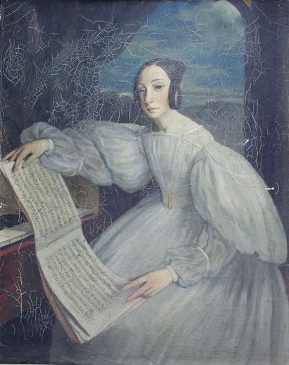 École du XIXe siècle 
Femme aux partitions.
Huile sur toile.
41 x 32 cm.