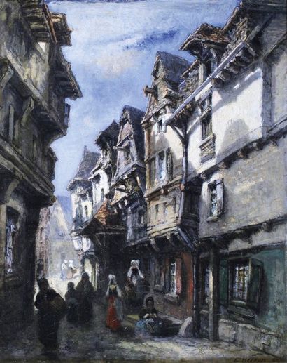 Emile Antoine François HERSON (1805 - ?) 
Rue animée en Normandie, 1866.
Huile sur...