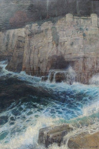 Hans WILT (1867 - 1917) 
La falaise.
Huile sur toile signée et datée en bas à droite.
117...