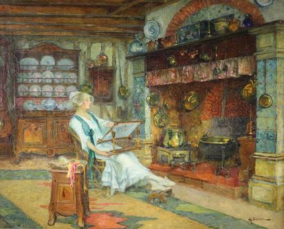 Henry DARIEN (1864-1925) 
La brodeuse dans un intérieur à Bénouville.
Huile sur toile...