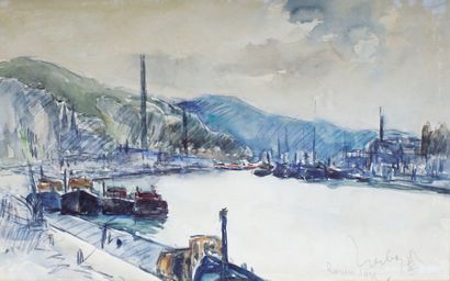 Fernand HERBO (1905 - 1995) 
Les quais à Rouen, 1928.
Aquarelle signée, datée et...