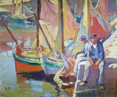 Charley GARRY (1891 - 1973) 
Pêcheurs bretons sur le port, 1923.
Huile sur carton...