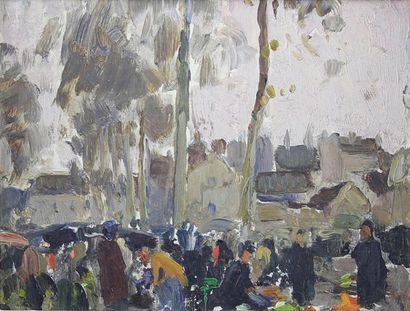 Paul Émile LECOMTE (1877 - 1950) 
Le marché.
Huile sur panneau signé en bas à droite.
14...