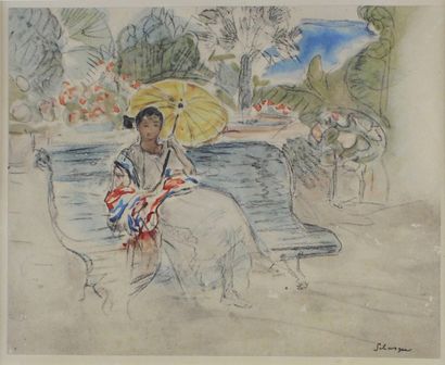 Henri Baptiste LEBASQUE (1865 - 1937) 
Femme à l'ombrelle.
Aquarelle signée en bas...