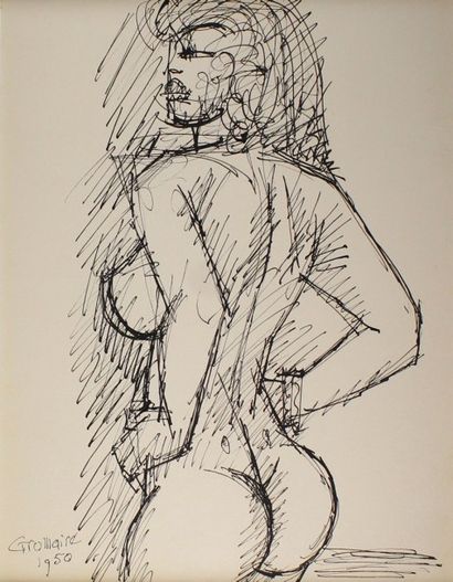Marcel GROMAIRE (1892 - 1971) 
Femme nue debout de dos, 1950.
Dessin à l'encre de...