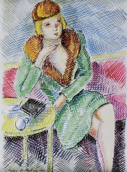 Pierre de BELAY (1890 - 1947) 
Au café, 1945.
Aquarelle rehaussée signée et datée...