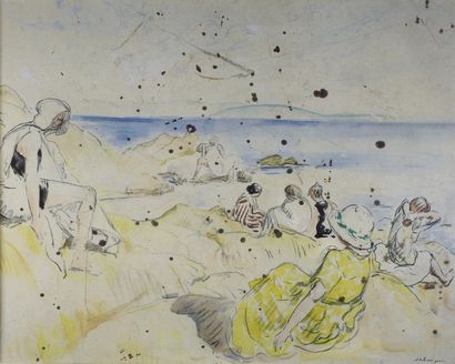 Henri Baptiste LEBASQUE (1865 - 1937) 
La plage.
Crayon et aquarelle signé en bas...