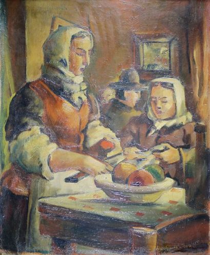 Jean-François THOMAS (1894 - 1939) 
La cuisine.
Huile sur toile signée en bas à droite.
73...