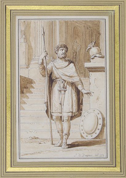 Jean Démosthène DUGOURC (1749 - 1825) L'Hoplite.
Plume et encre brune, lavis brun.
Signé...