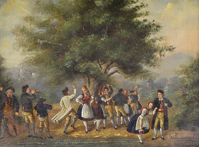 SCHMIDT (École du XIXe siècle) Danse folklorique.
Huile sur toile signée en bas à...