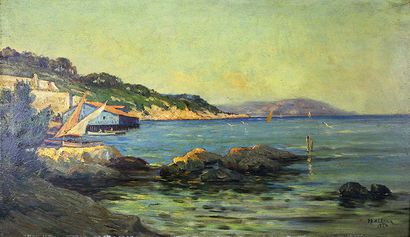 Louis NATTERO (1870 - 1915) Bateau en bord de mer,1900.
Huile sur panneau signé et...