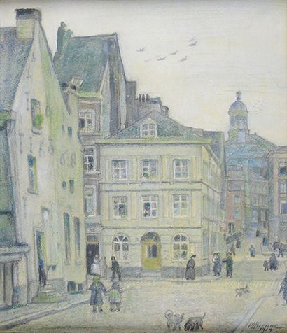 Maurice PIRENNE (1872-1968) La rue Renier à Verviers, 1914.
Pastel signé et daté...