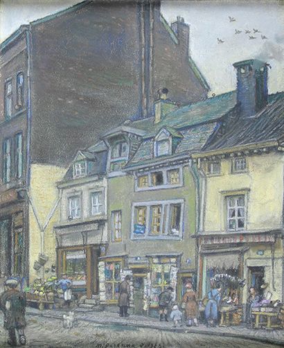 Maurice PIRENNE (1872-1968) Les petites boutiques de la porte de Heusyl à Verviers.
Pastel...