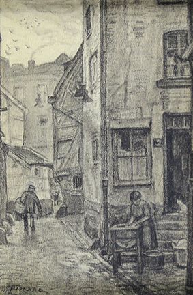 Maurice PIRENNE (1872-1968) Rue Bouxhatte animée.
Dessin au crayon noir signé en...