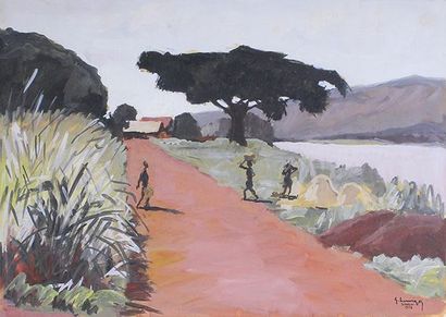 Gustave HERVIGO (1896 - 1993) Au bord du fleuve à Bangui, 1954.
Gouache signée et...
